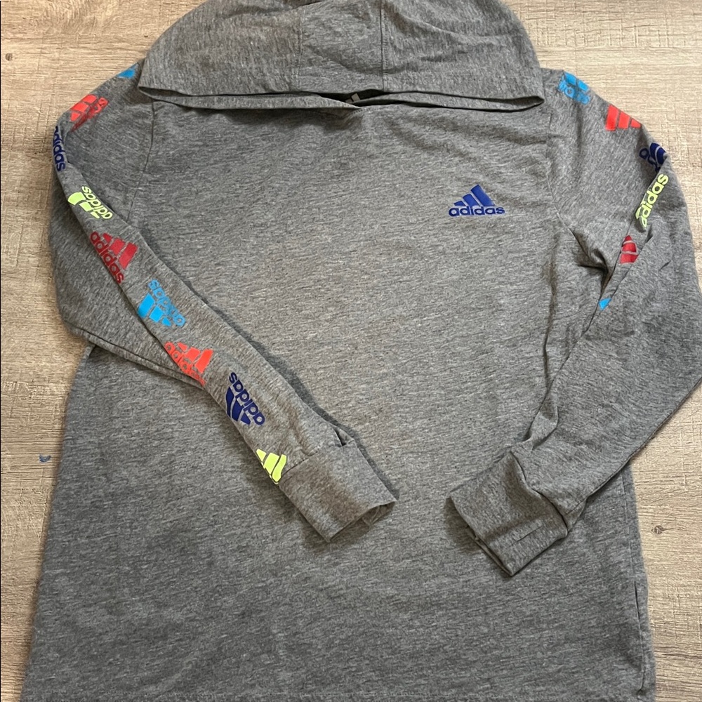 Adidas Heather Gray Hoodie with Colorful Sleeve Logos